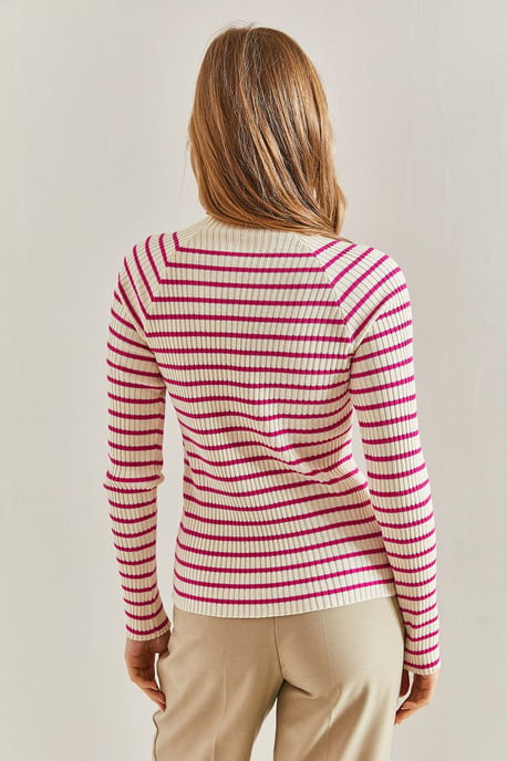 Gestreifter Stehkragen Rippstrickpullover - Image 2