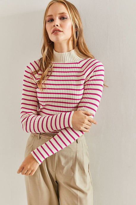 Gestreifter Stehkragen Rippstrickpullover - Image 3