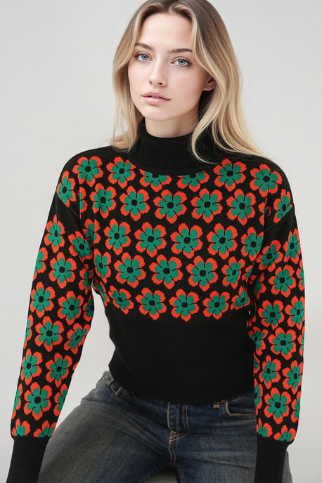 Figurbetonender, verkürzter Rollkragenpullover mit Blumenmuster - Image 2