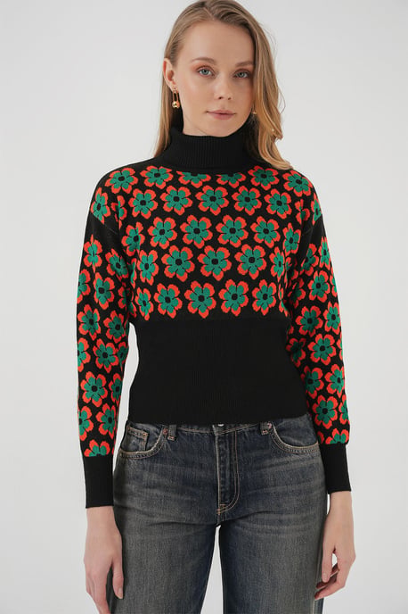 Figurbetonender, verkürzter Rollkragenpullover mit Blumenmuster - Image 3