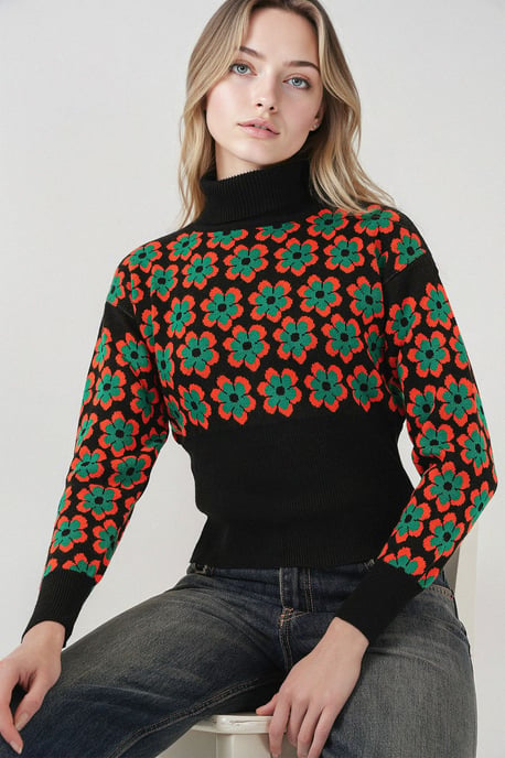 Figurbetonender, verkürzter Rollkragenpullover mit Blumenmuster - Image 4
