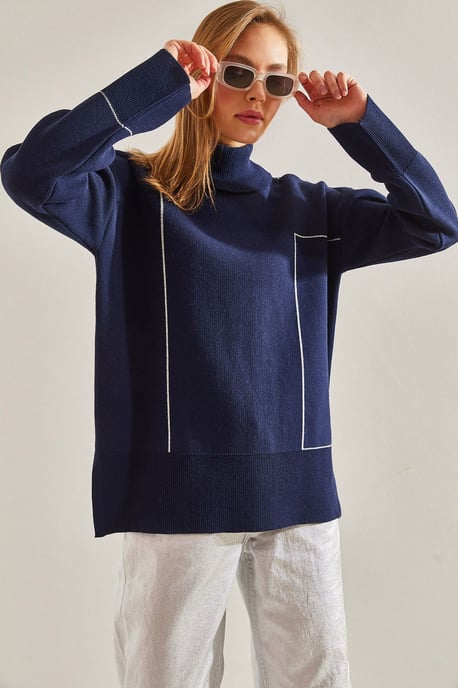 Bianco Lucci Rollkragenpullover mit geometrischem Muster - Marineblau - Image 1