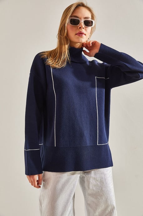 Bianco Lucci Rollkragenpullover mit geometrischem Muster - Marineblau - Image 2