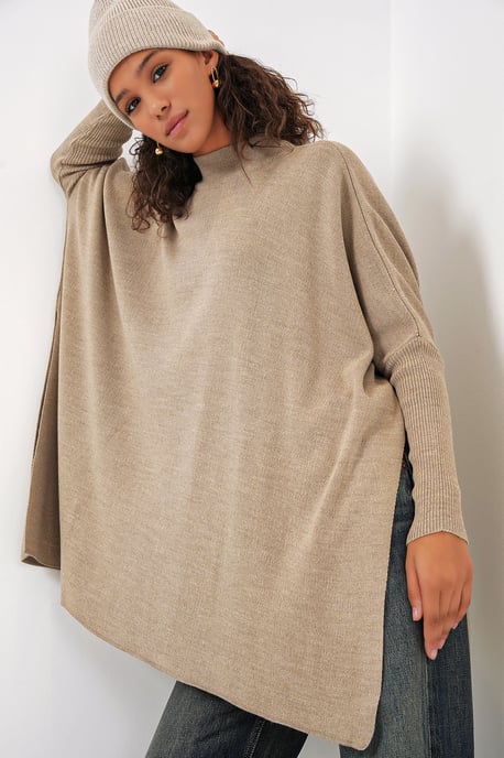 Schlitz-Details Halber Rollkragen Lässiger Pullover - Image 1