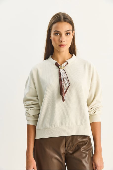 Sweatshirt mit Rundhalsausschnitt und Rippstruktur mit Schal-Accessoire-Detail - Image 2
