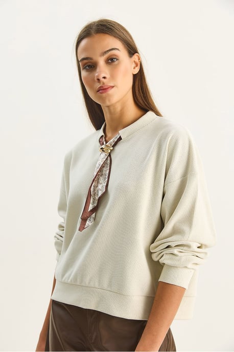 Sweatshirt mit Rundhalsausschnitt und Rippstruktur mit Schal-Accessoire-Detail - Image 3