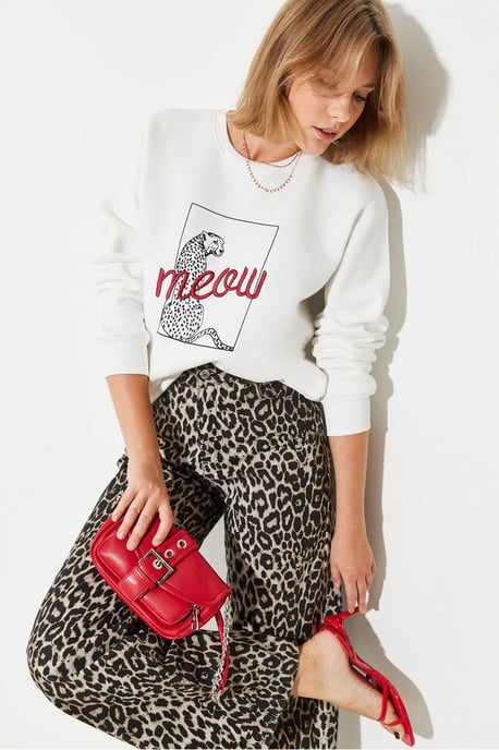 Leopardenmuster bestickter Rundhalsausschnitt Sweater - Image 1