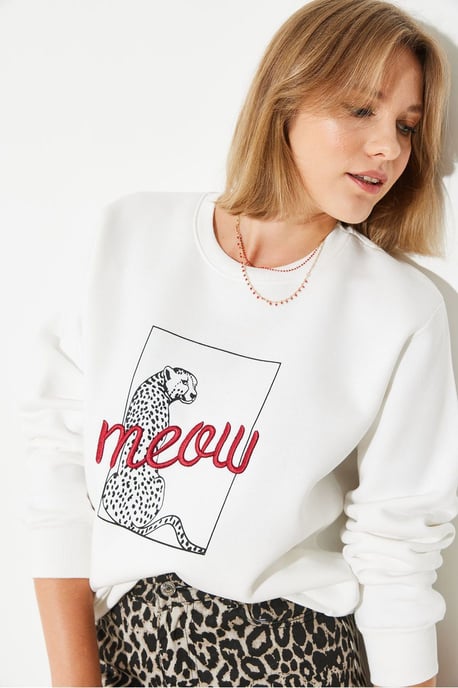 Leopardenmuster bestickter Rundhalsausschnitt Sweater - Image 4