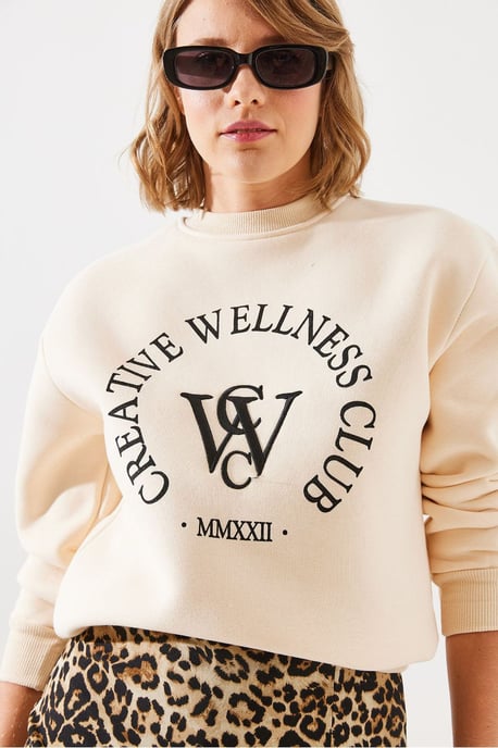 Rundhalsausschnitt Baumwoll-Sweatshirt mit Motto-Print - Image 3