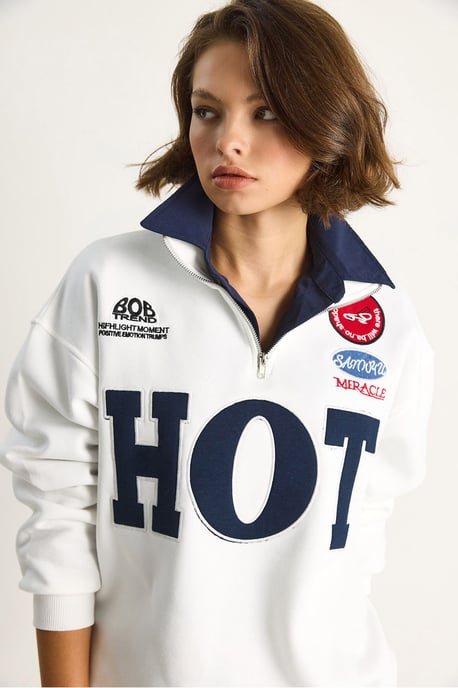 Lässiges V-Ausschnitt Sweatshirt mit Druck und Bindeband - Image 6