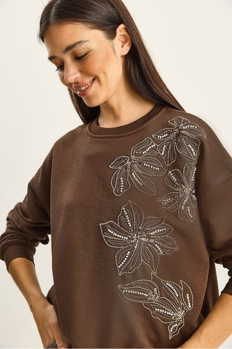Blumenverzierte Rundhalsausschnitt Lockeres Sweatshirt - Image 1