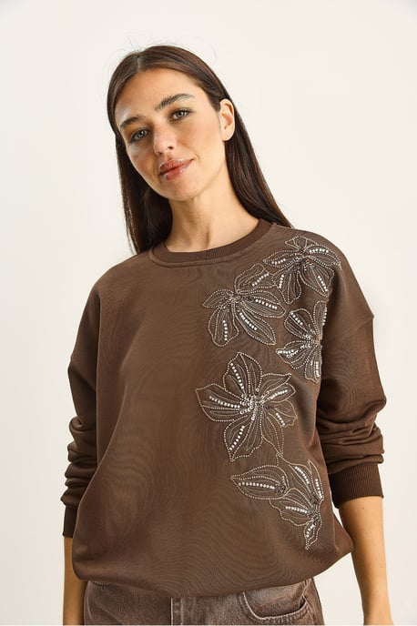 Blumenverzierte Rundhalsausschnitt Lockeres Sweatshirt - Image 2