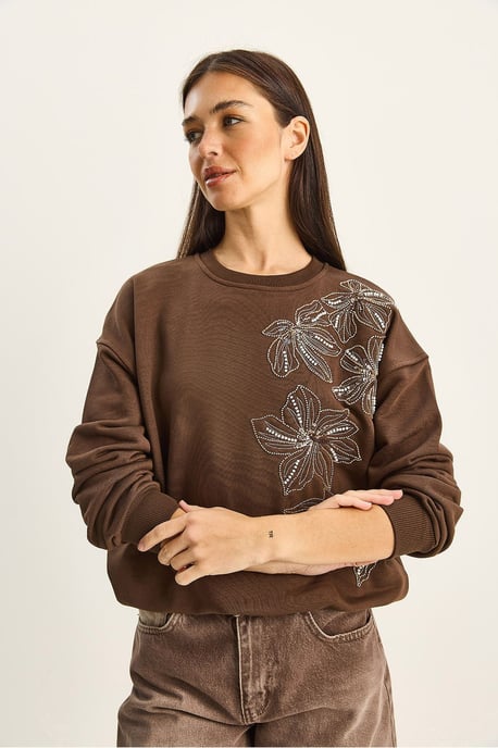 Blumenverzierte Rundhalsausschnitt Lockeres Sweatshirt - Image 3
