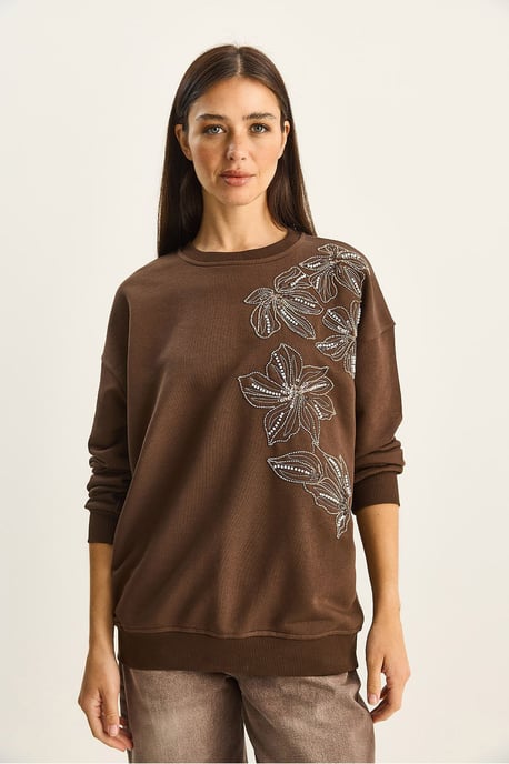 Blumenverzierte Rundhalsausschnitt Lockeres Sweatshirt - Image 4
