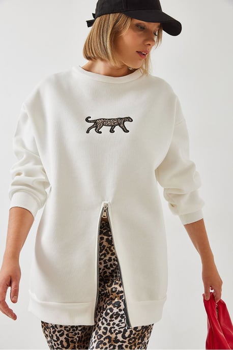 Bestickter Rundhals-Pullover mit Reißverschluss - Image 2