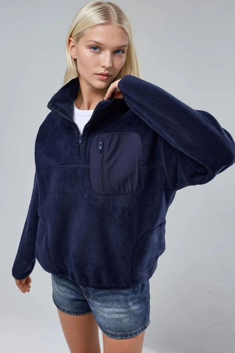 Reißverschlusskragen Plüschstrick-Sweatshirt mit Tasche - Image 1