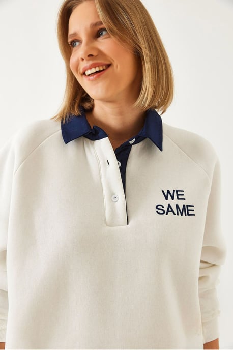 Besticktes Polo-Kragen Langarm-Sweatshirt - Image 1