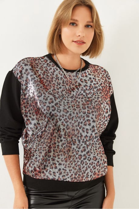 Leopardenmuster Pailletten Rundhals Sweatshirt - Image 1