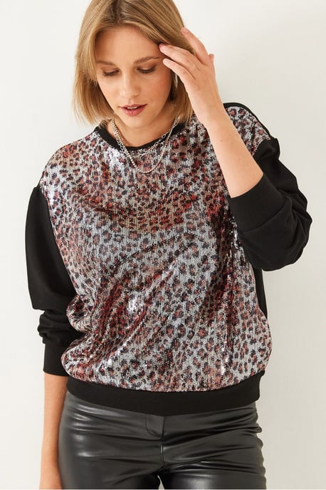 Leopardenmuster Pailletten Rundhals Sweatshirt - Image 2