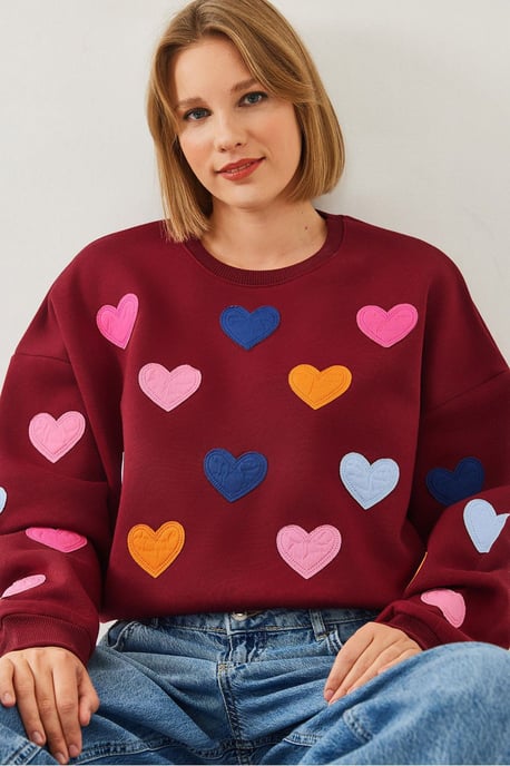 Bestickter Herzmuster Rundhals-Sweatshirt - Image 3