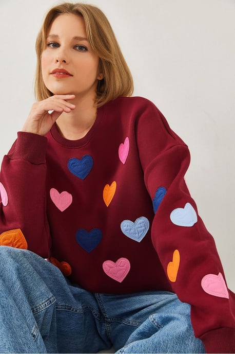 Bestickter Herzmuster Rundhals-Sweatshirt - Image 4