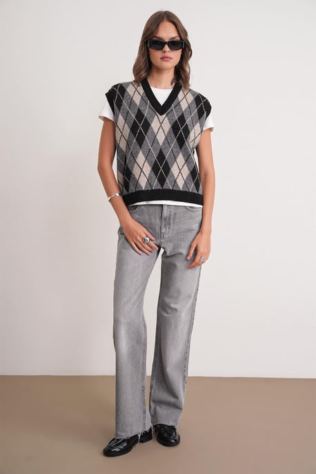 V-Ausschnitt Strickpullover Vest mit Argyle-Muster - Image 2