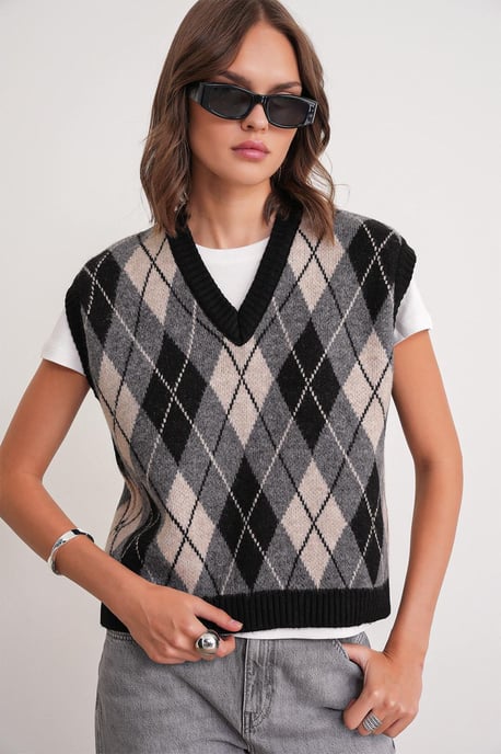 V-Ausschnitt Strickpullover Vest mit Argyle-Muster - Image 3