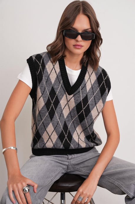V-Ausschnitt Strickpullover Vest mit Argyle-Muster - Image 4