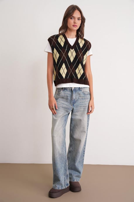 V-Ausschnitt Strickpullover Vest mit Argyle-Muster - Image 2