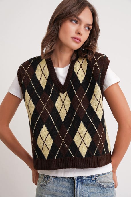 V-Ausschnitt Strickpullover Vest mit Argyle-Muster - Image 3