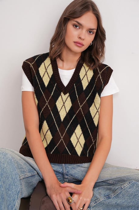 V-Ausschnitt Strickpullover Vest mit Argyle-Muster - Image 4