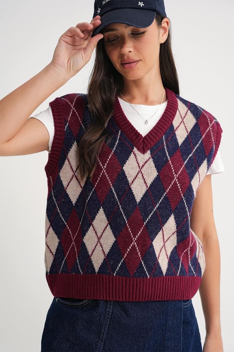 V-Ausschnitt Strickpullover Vest mit Argyle-Muster - Image 3