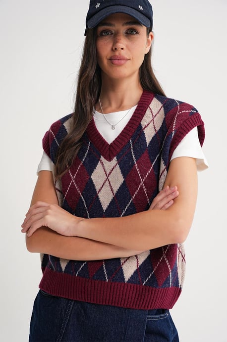 V-Ausschnitt Strickpullover Vest mit Argyle-Muster - Image 4