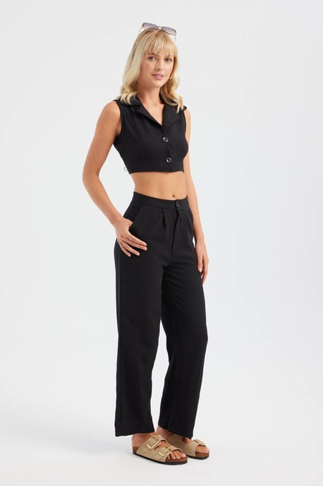 V-Ausschnitt Cropped Weste & Plissierte Gerad geschnittene Hose Set - Image 2