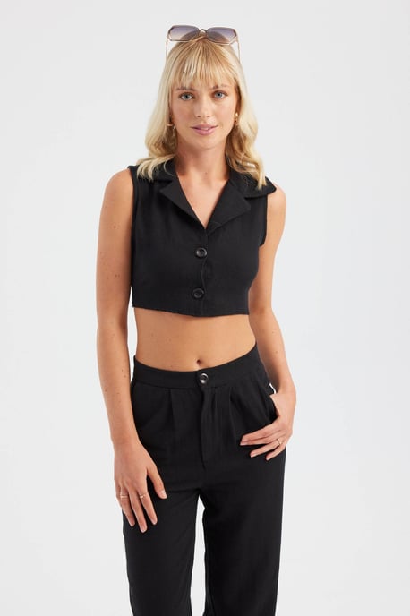 V-Ausschnitt Cropped Weste & Plissierte Gerad geschnittene Hose Set - Image 3