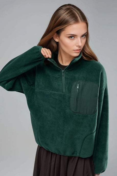 Reißverschluss-Kragen Plüsch-Strickpullover mit Tasche - Image 1