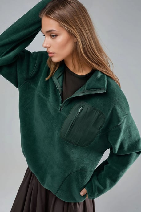 Reißverschluss-Kragen Plüsch-Strickpullover mit Tasche - Image 3