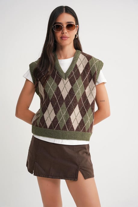 V-Ausschnitt Strickpullover Vest mit Argyle-Muster - Image 3