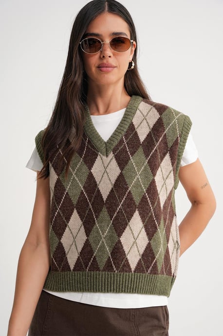 V-Ausschnitt Strickpullover Vest mit Argyle-Muster - Image 4