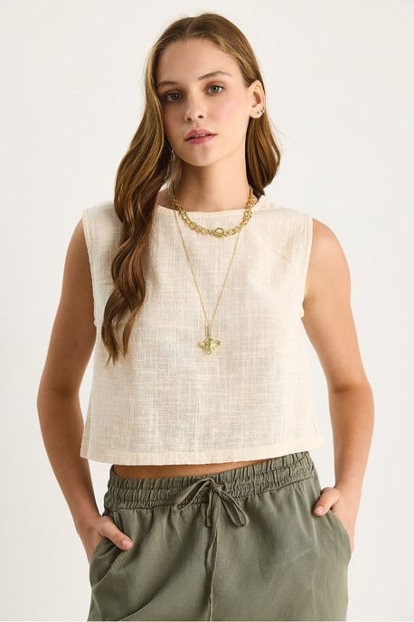 Leinen-Mischung Kurzarm Crew-Neck Bluse - Image 2