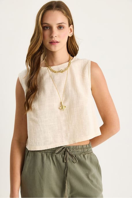 Leinen-Mischung Kurzarm Crew-Neck Bluse - Image 3