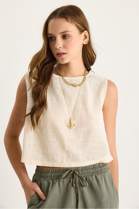 Leinen-Mischung Kurzarm Crew-Neck Bluse - Image 4