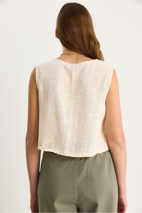 Leinen-Mischung Kurzarm Crew-Neck Bluse - Image 6