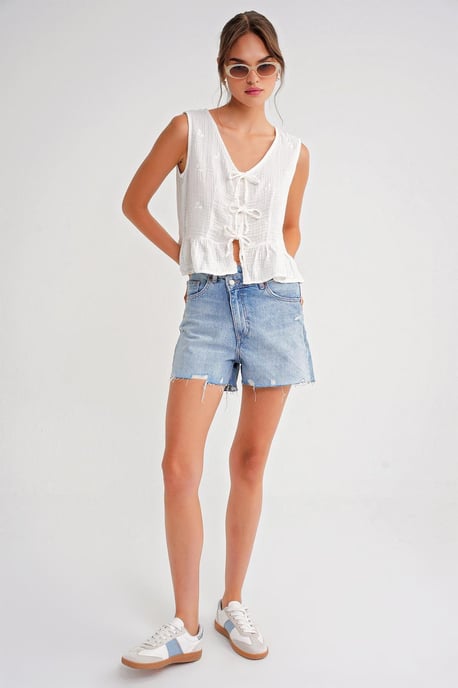 Strukturierte V-Ausschnitt Crop-Bluse mit Schleife - Image 2