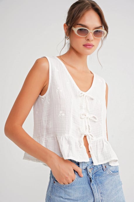 Strukturierte V-Ausschnitt Crop-Bluse mit Schleife - Image 3