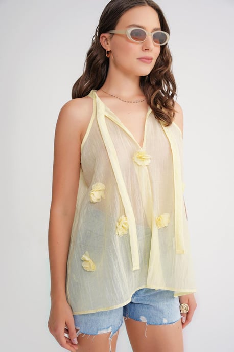 V-Ausschnitt Bluse mit Schleifenverschluss und Rüschendetails - Image 3