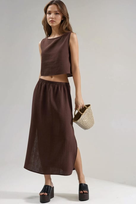 Crop-Bluse & Rock mit Schlitzdetails Muslin Zweiteiliges Set - Image 2