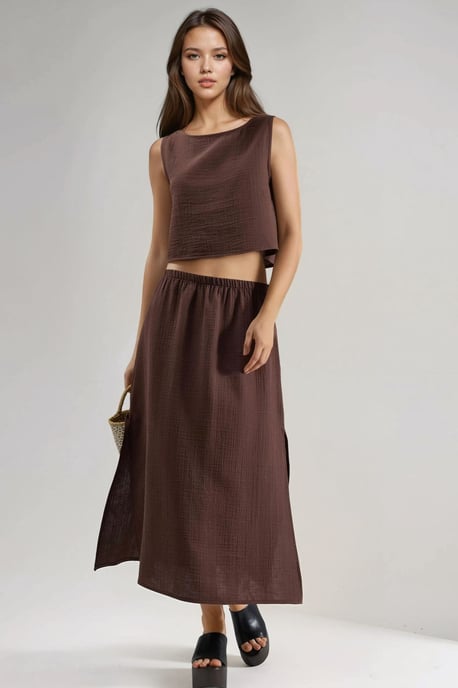 Crop-Bluse & Rock mit Schlitzdetails Muslin Zweiteiliges Set - Image 5