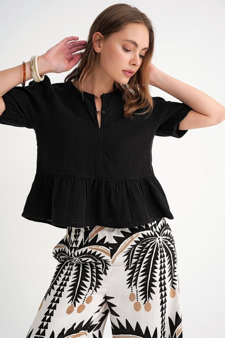 Texturierte Musselin-Bluse mit Rundhalsausschnitt und Knopfverschluss - Image 3
