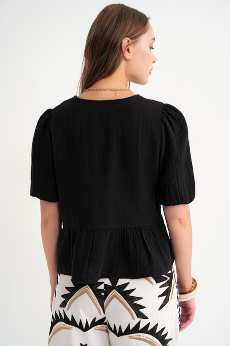 Texturierte Musselin-Bluse mit Rundhalsausschnitt und Knopfverschluss - Image 6